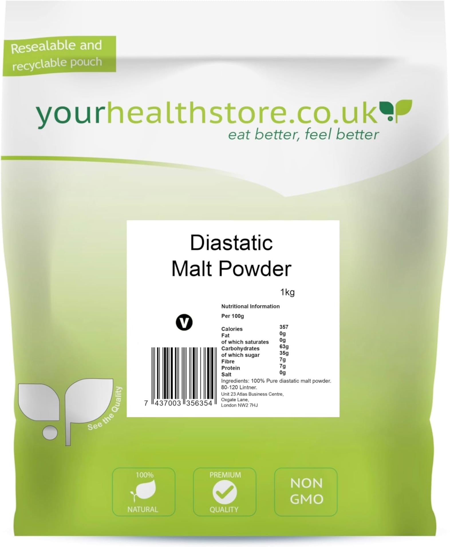 Premium Diastatic Malt Powder 1kg, 80-120 Lintner, Barley Malt for Bread Making, (Resealable and recyclable pouch).