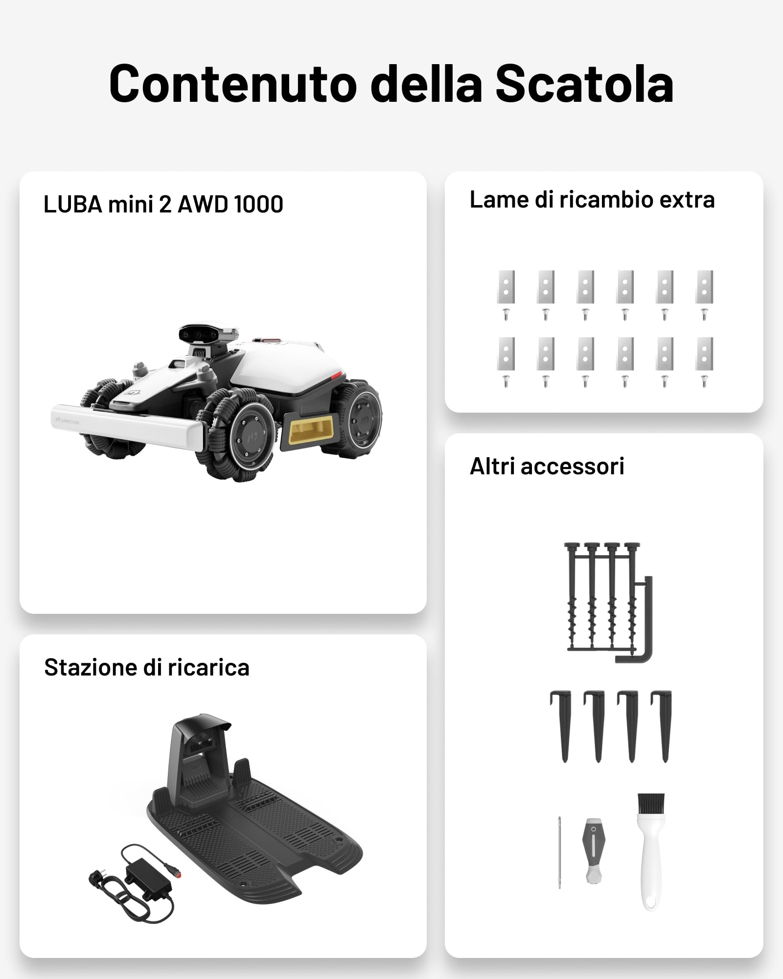 MAMMOTION LUBA mini 2 AWD 1000 Robot Tagliaerba per 1000m², Visione AI Tri-Camera e Posizionamento NetRTK, Mappatura Automatica, DropMow, Pendenza 80%, Altezza di Taglio 20-65mm
