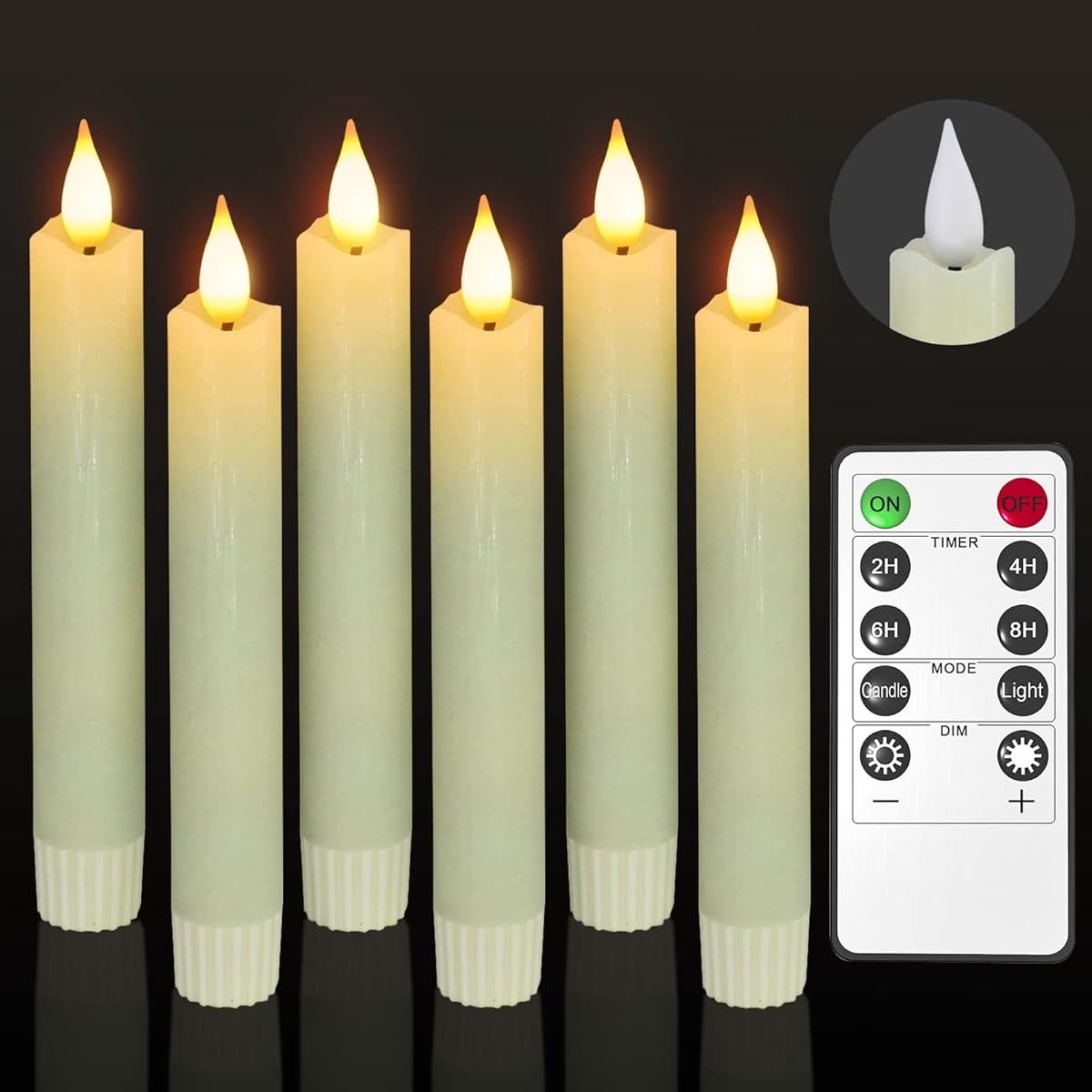 PChero Flameless Flickering Taper Candles with Remote Timer and Dimmer, 6.4 Inch Real Wax Ivory LED Candlesticks Battery Operated for Halloween Christmas Home Wedding Decor