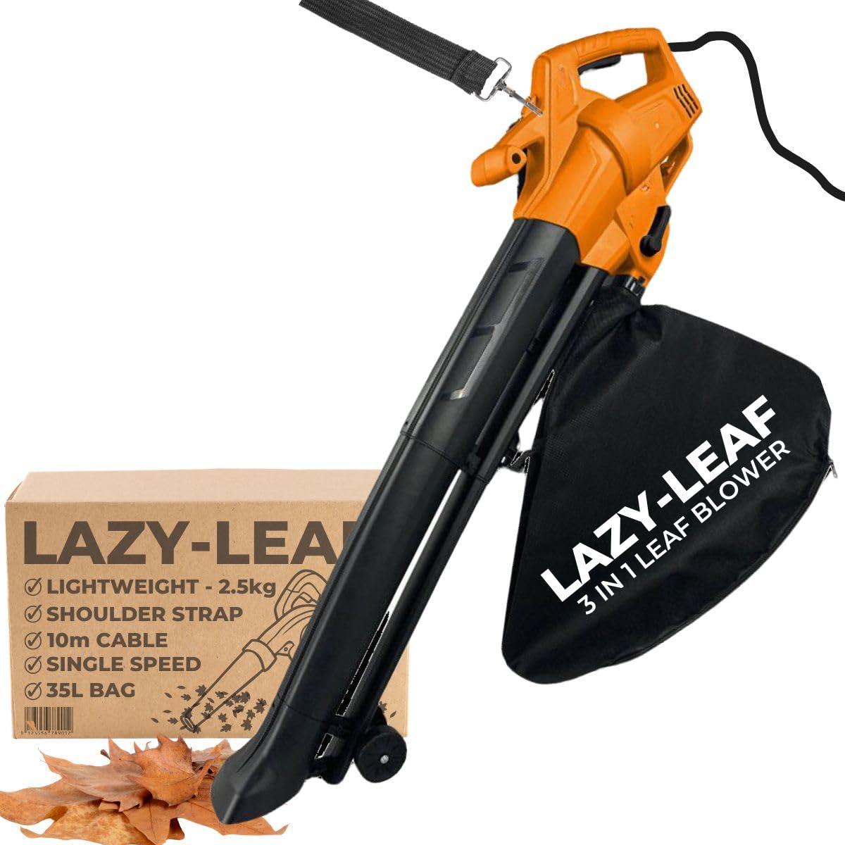 Lazy-Leaf - Leaf Blower and Vacuum - Powerful Corded Leaves Collector for Clear Gardens, Patios, Gutters, Driveways & More - Lightweight, 10m Cable with Shoulder Strap, 35L Zipped Bag and Wheels