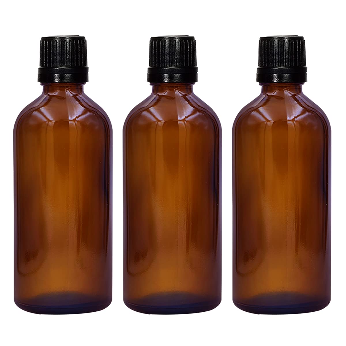 100 ml Amber Round Empty Glass Bottle + Euro Dropper + Black Cap, Refillable, Reusable, Leak Proof for Essential Oils, Blends, DIY Perfumes & Face Oil (Pack of 3)
