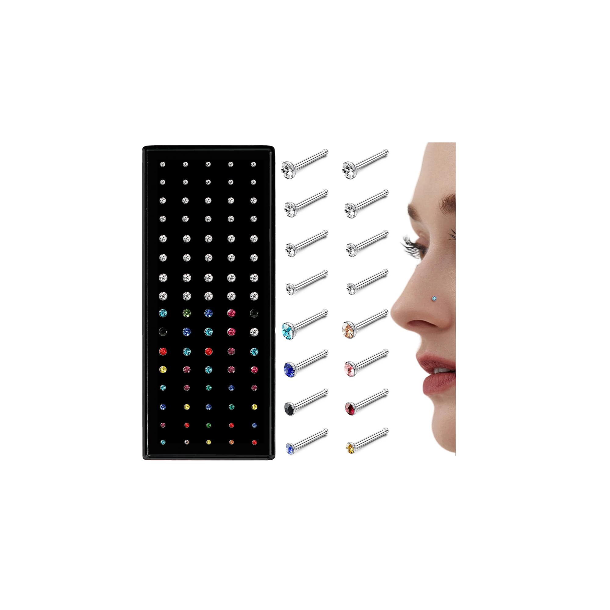 LOLIAS 80-160Pcs Nose Rings Studs for Women Men - Straight or L Shaped Surgical Stainless Steel Small Nose Studs Pin - Hypoallergenic 20G 22G Tiny