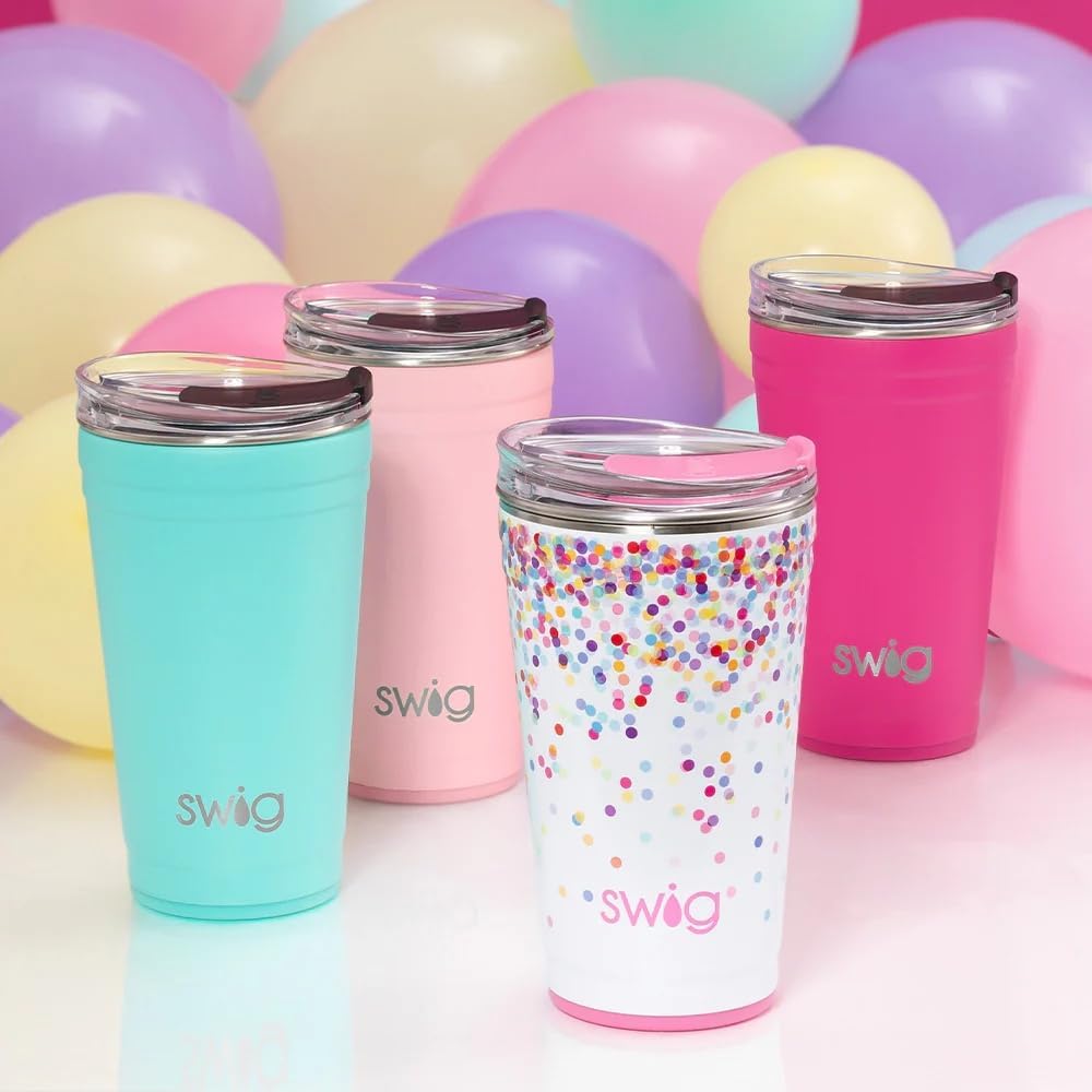 Swig Life 24oz Party Cup, Stackable Insulated Travel Coffee Tumbler with EZ Slider Lid, Cup Holder Friendly, Stainless Steel 24 oz Tumbler, Reusable Coffee Mug (Confetti) - Image 3