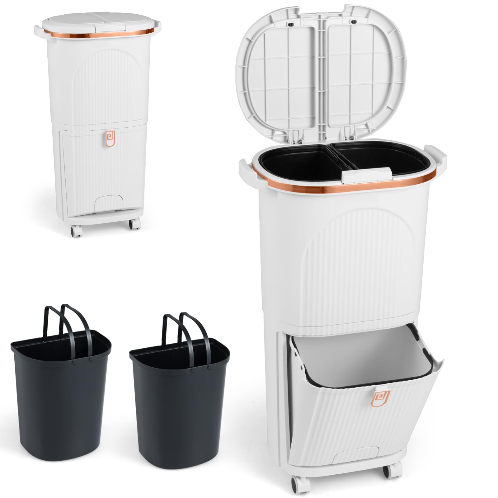 TANGZON Recycling Bins, 38L/43L Trash Can Garbage Bin with 3 Compartments, Wheels, Retractable Pedal, Handles & Stickers, 2 Tier Vertical Waste Separation System for Home Kitchen (White, 38L, 2 Lids)