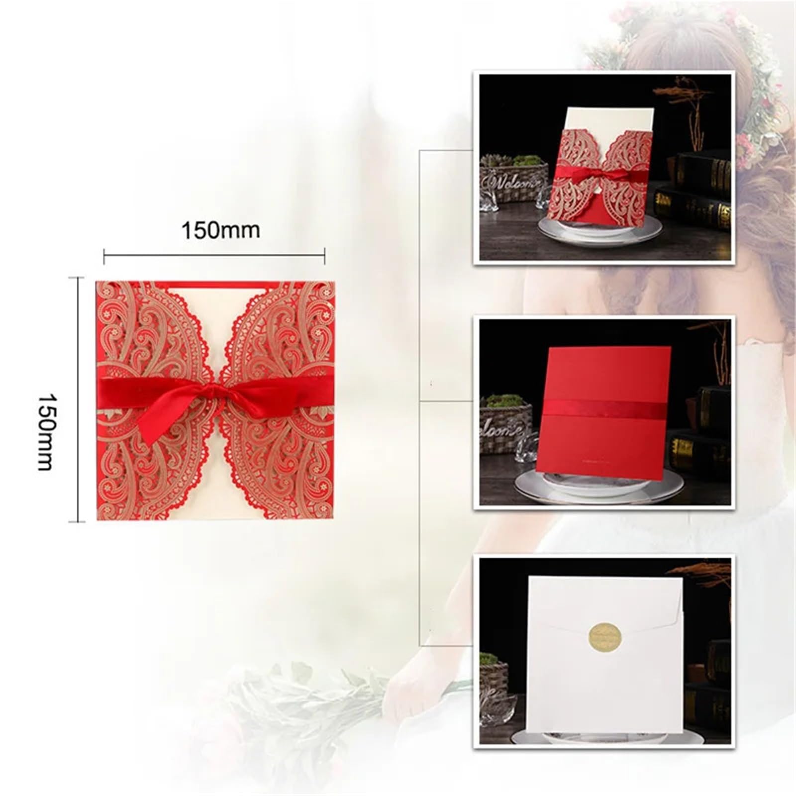 Hochzeitseinladungen Karte 10 Stücke Laser Cut Floral Hochzeitseinladungskarte Spitze Grußkarte Benutzerdefinierte Mit Band Geburtstag Verlobung Hochzeit Partei Liefert(One Set Red)