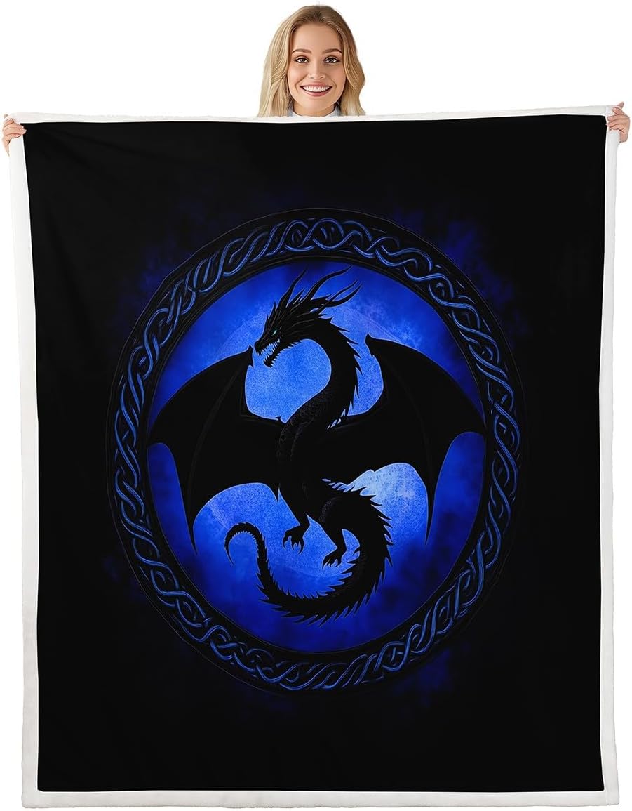 Castle Fairy Mysterious Wlidlife Animals Throw Blanket for Kids,Tribal Bohemian Rope Fleece Throw Blanket for Bedroom Sofa Dorm Decor,Dragon Silhouette Lightweight Bed Blanket,40 x 50 Inches