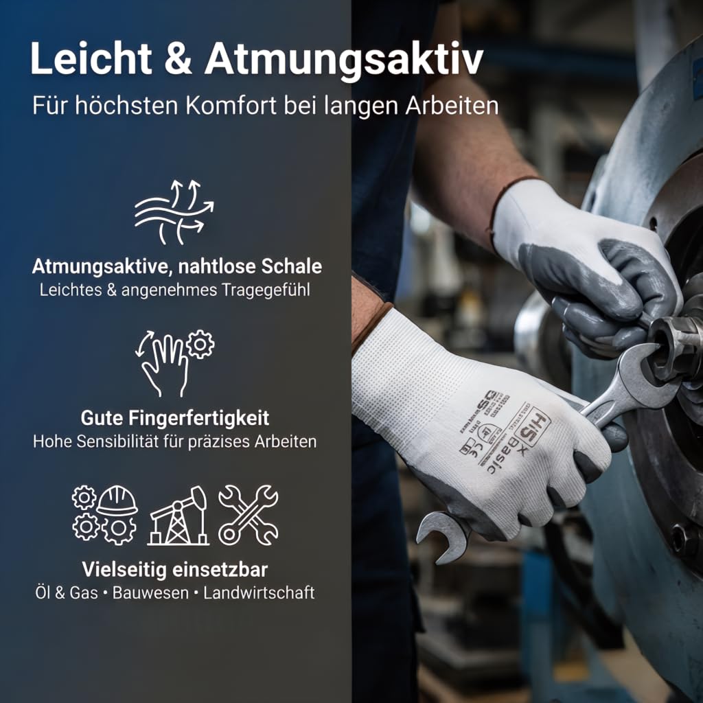 Hi5 X-Basic Arbeitshandschuhe – 13G Polyester – glatte Nitrilhandfläche – EN 388:4121X – atmungsaktiv & griffig – weiß/grau (S, 120, stück)