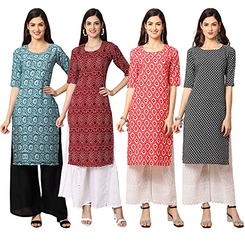 Image of Pinkmint Women's Crepe Digital Print Straight Kurta [Pack of 4] (CCV-334-338-339-335)