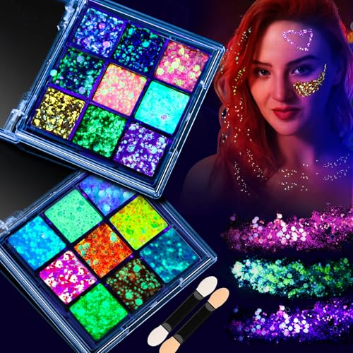 FANDAMEI Glow in The Dark Glitter, 2 Glitter Gel Palette 18 Grids Face Body Hair Glitter for Glow in The Dark Glitter Makeup, Face Glitter for Kids Women for Halloween Rave Concert Face Paint