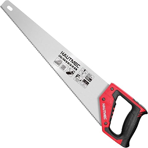 HAUTMEC Sierra de mano universal de 20 pulgadas, 8 dientes de tierra triple TPI, hoja de baja fricción, mango ergonómico con marcadores de 45° y