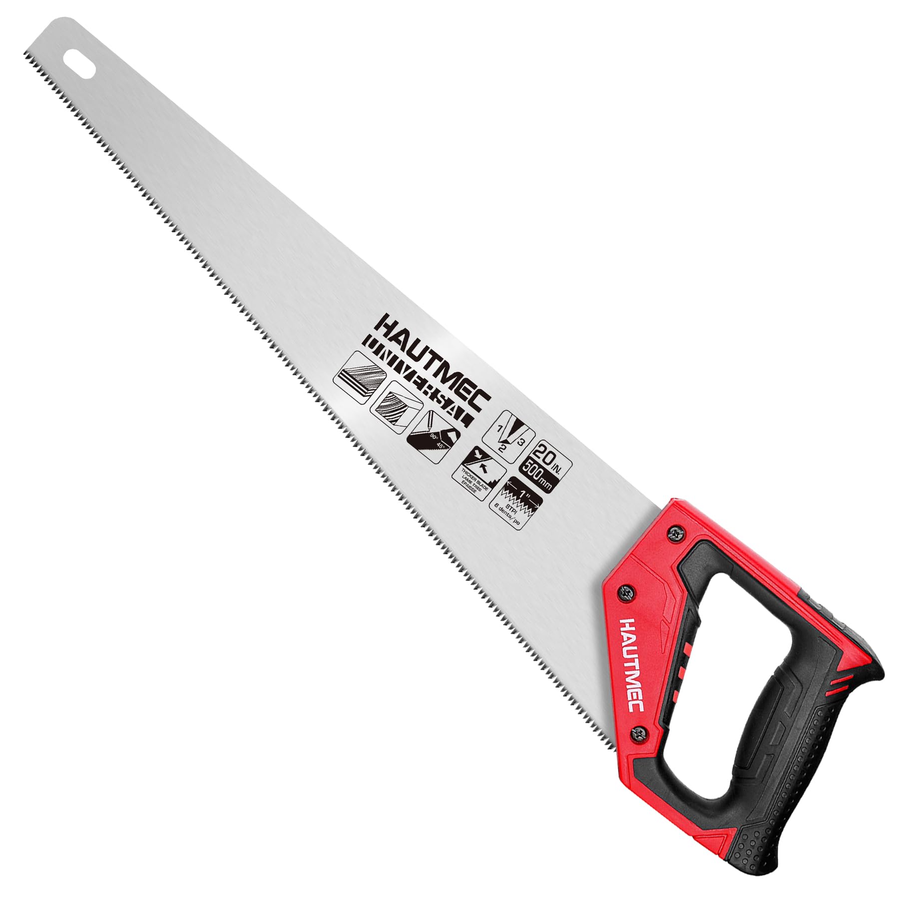 HAUTMEC 20" Universal Hand Saw, 8 TPI Triple-Ground Teeth, Low-Friction Blade, Ergonomic Handle with 45° & 90° Markers, Pro Handsaw for Wood, Plywood,
