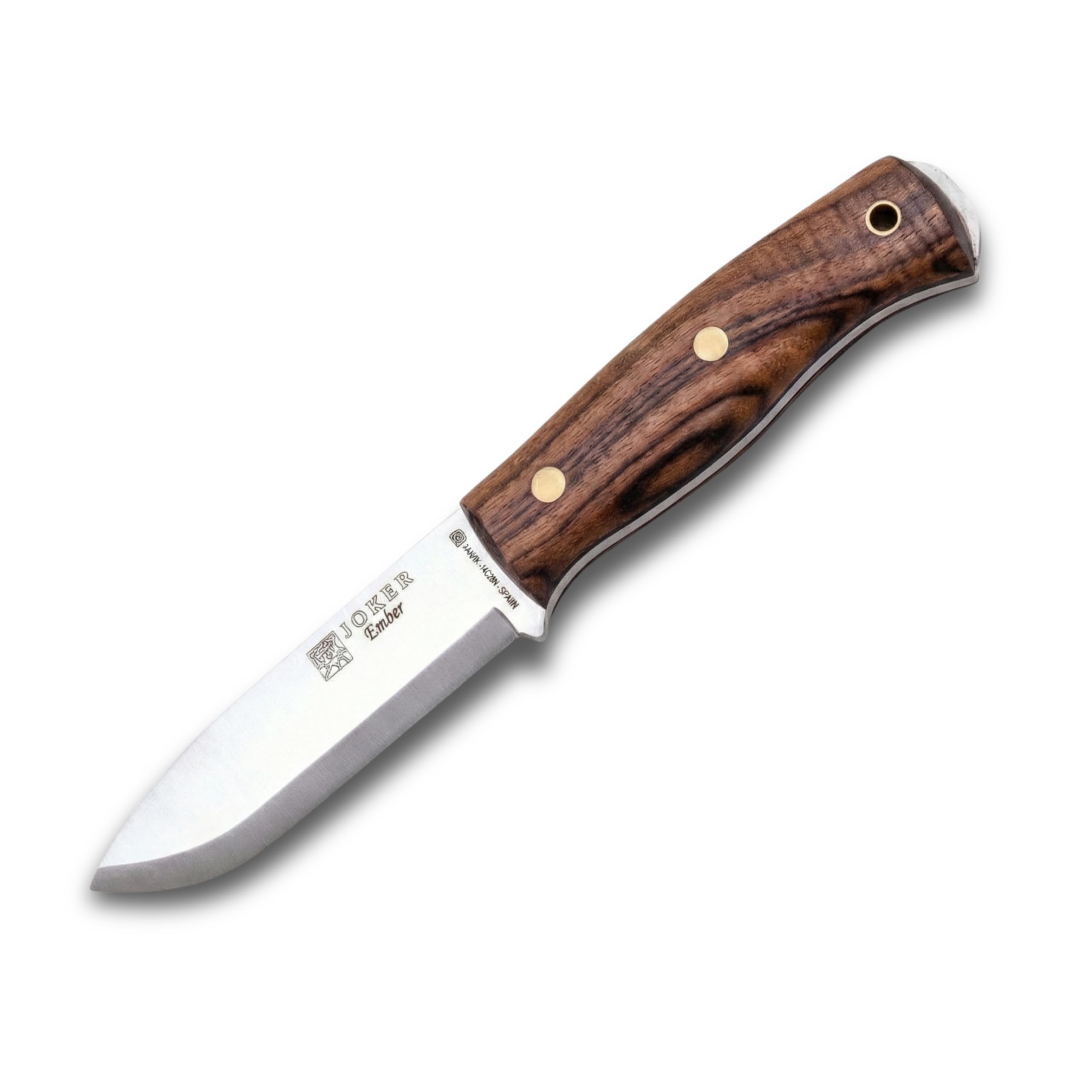 Joker Cuchillo de monte y caza Ember Scandi CN122, hoja de 10,5 cms, mango Nogal, funda piel marrón, incluye paracord, Herramienta de pesca, caza, camping y senderismo