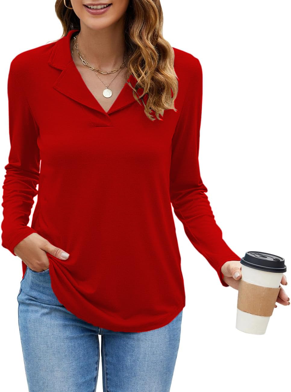 Uvog Womens Long Sleeve Collared Shirts V Neck Dressy Casual Business Work Office Tunic Tops