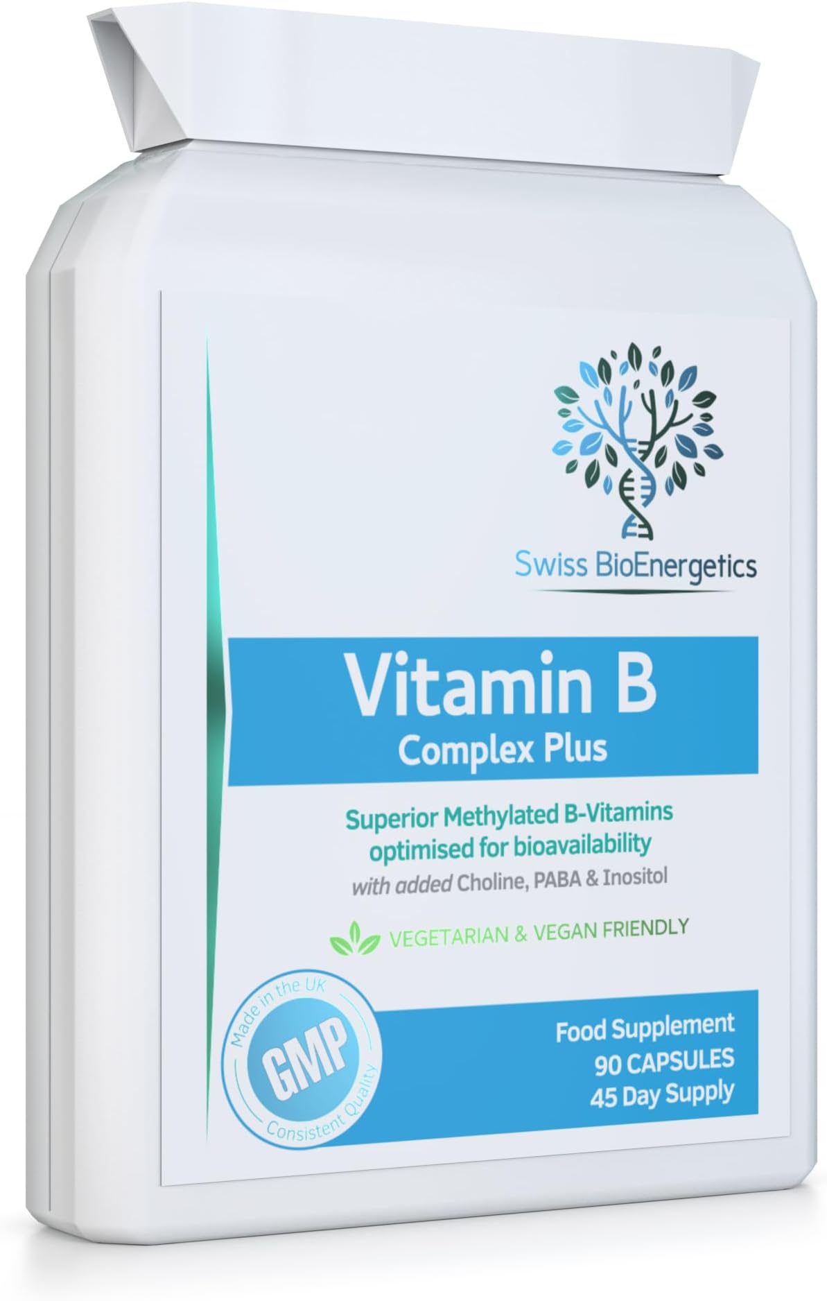 Vitamin B Complex Plus - 90 Capsules - Superior Methylated Formula with Added Choline, PABA & Inositol - Includes Essential Multi B-Vitamins B1, B2, B3, B5, B6, B12, Biotin & Folate