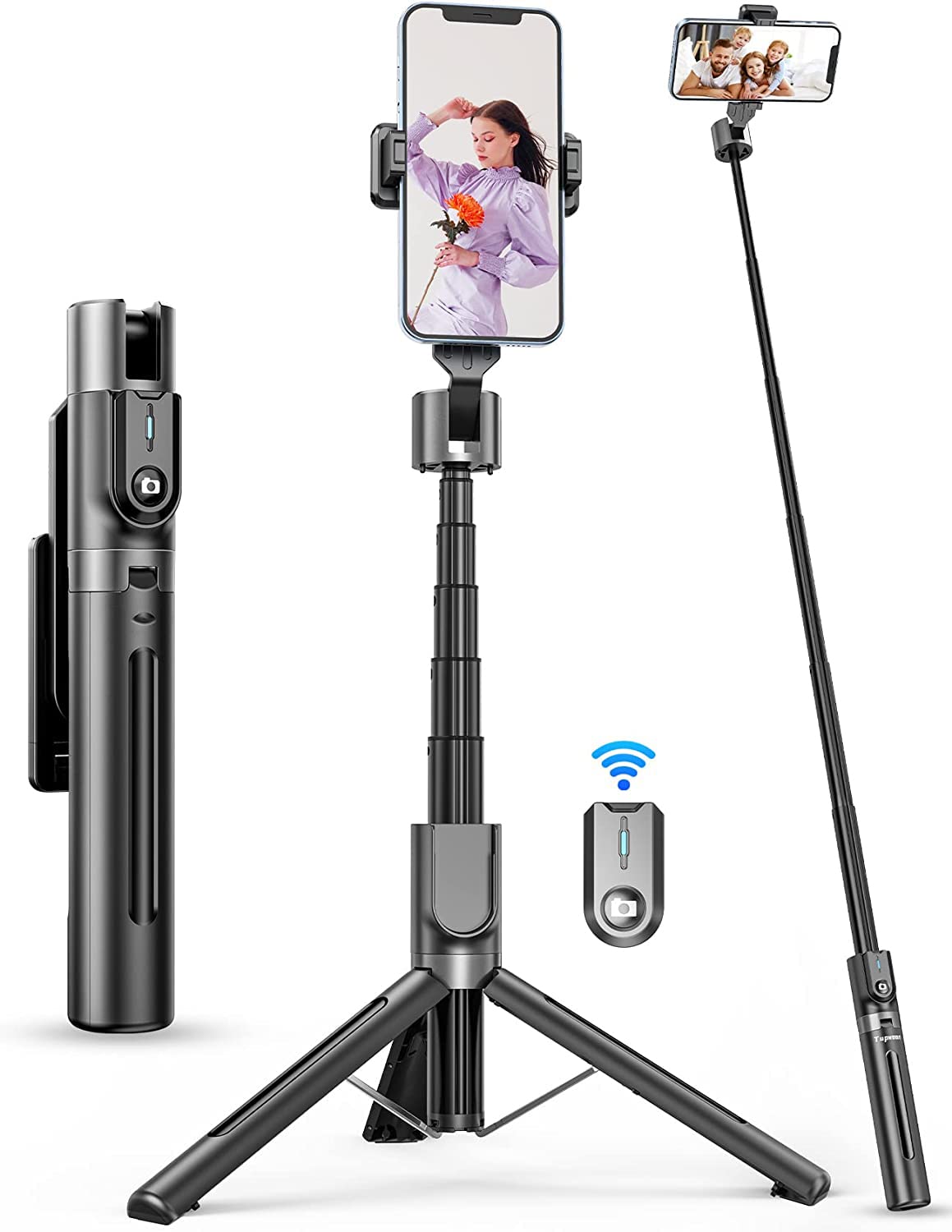 Bluetooth Selfie Stick Tripod, Portable 43 Inch Aluminum Alloy Selfie Stick with Detachable Remote for iPhone/Samsung Android Smartphone, Rotating Fill Light Tripod Live Broadcast Support (Black)