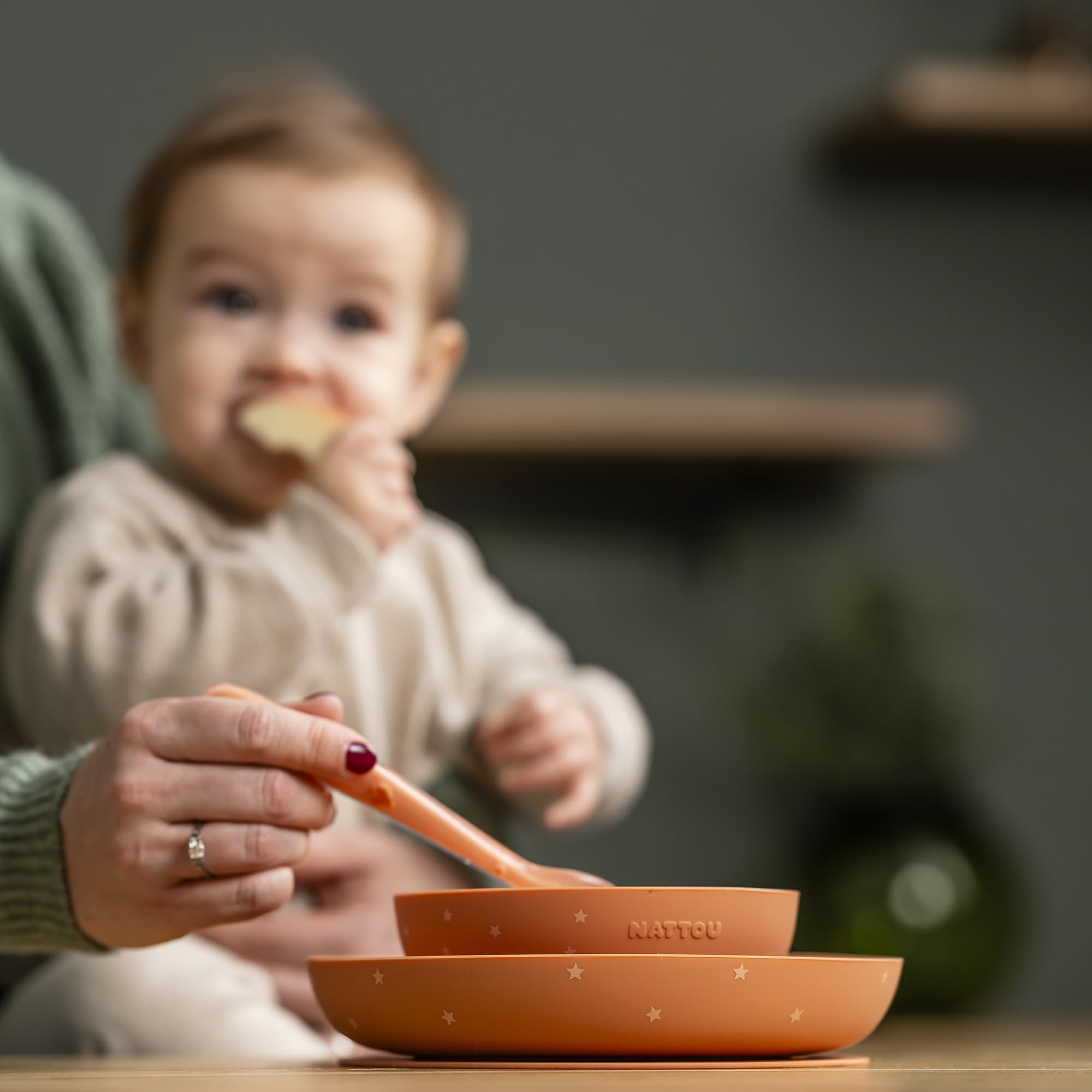 Nattou Vaisselle en Silicone pour Enfants, Set Repas 3 Pièces, 1 Cuillère, 1 Assiette, 1 Bol, Antidérapants, sans BPA, Vegan, Silicone, Motif Terracotta