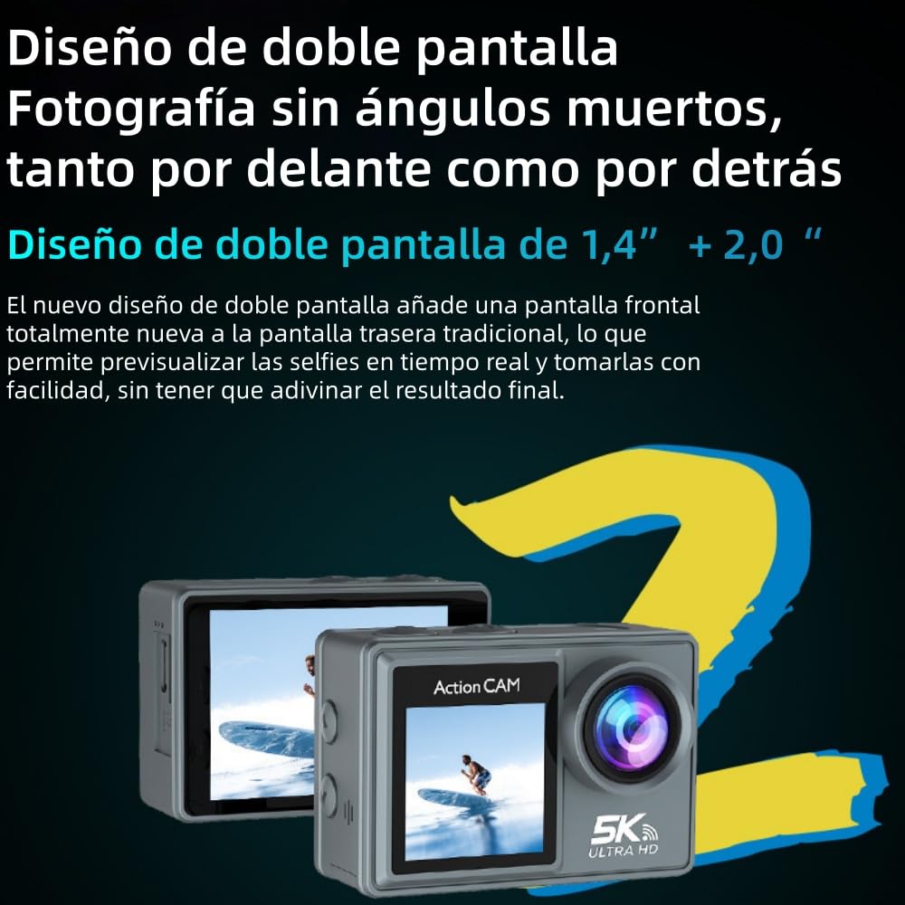 MEIION kersens Camara accion Doble Pantalla Tarjeta de Memoria de 32 GB, 48MP WiFi, 170° Gran Angular Full HD EIS, 30m Impermeable para Bicicleta, Buceo y Moto