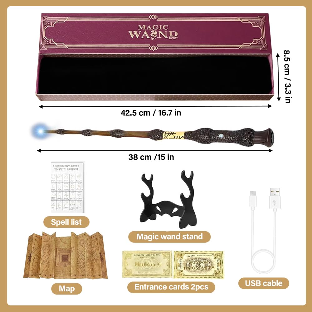 Bacchetta di 38 cm di Albus Silente con luce, bacchetta di Sambuco di Harry P-Otter, bacchetta magica di Dumbledore ricaricabile USB, bacchetta luminosa in resina con carta degli incantesimi