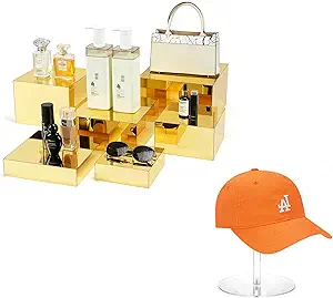 1 Pack 8" Clear Acrylic Hat Display Stand and 6 Pcs Gold Acrylic Risers Display Cube Box