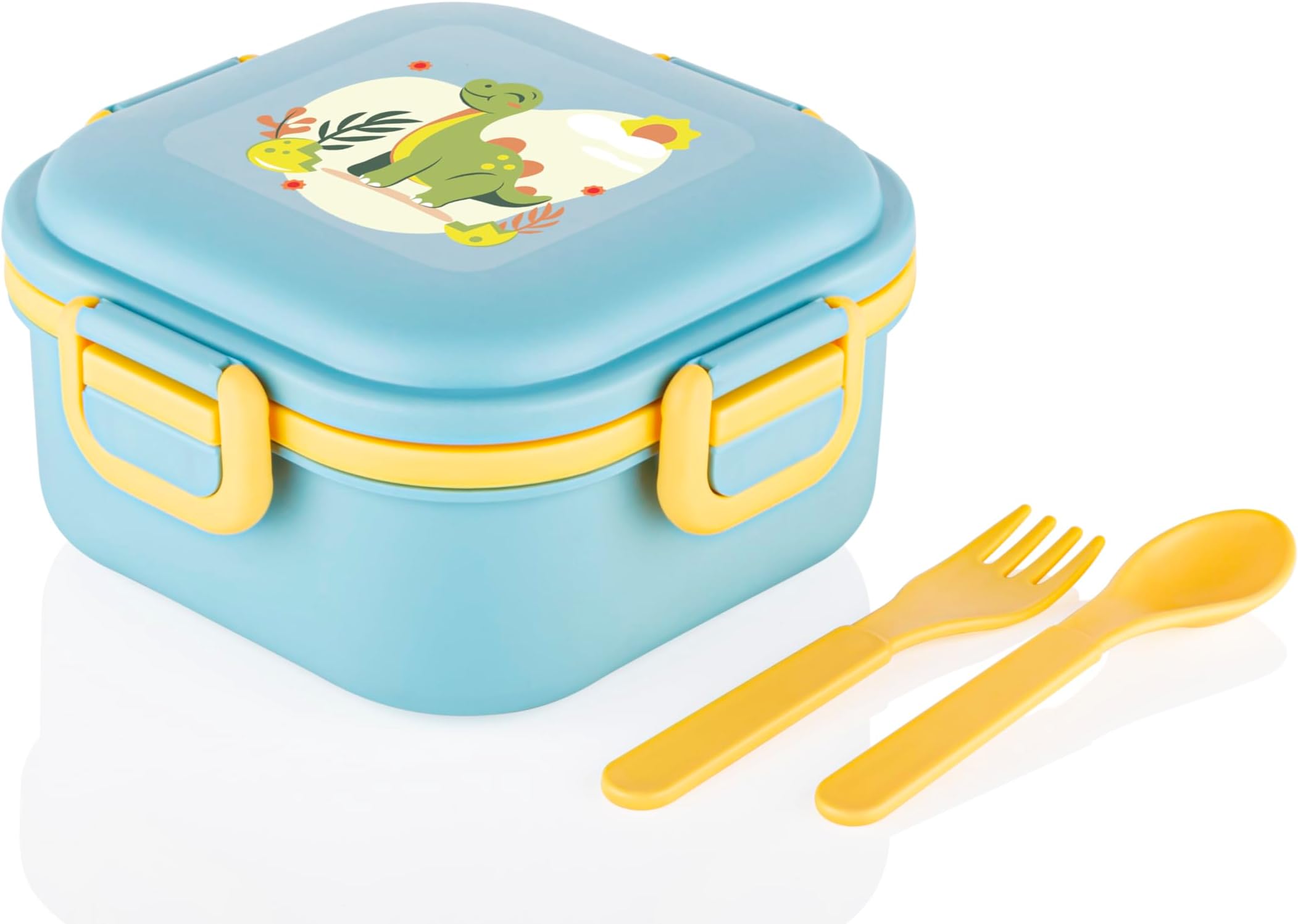 ATTRO Quick Bite Dino Delight Lunch Box with 3 Compartment Fork & Spoon BPA Free Food Grade Ideal for Kids School, Picnic & Outdoor- 800ml Blue, Plastic