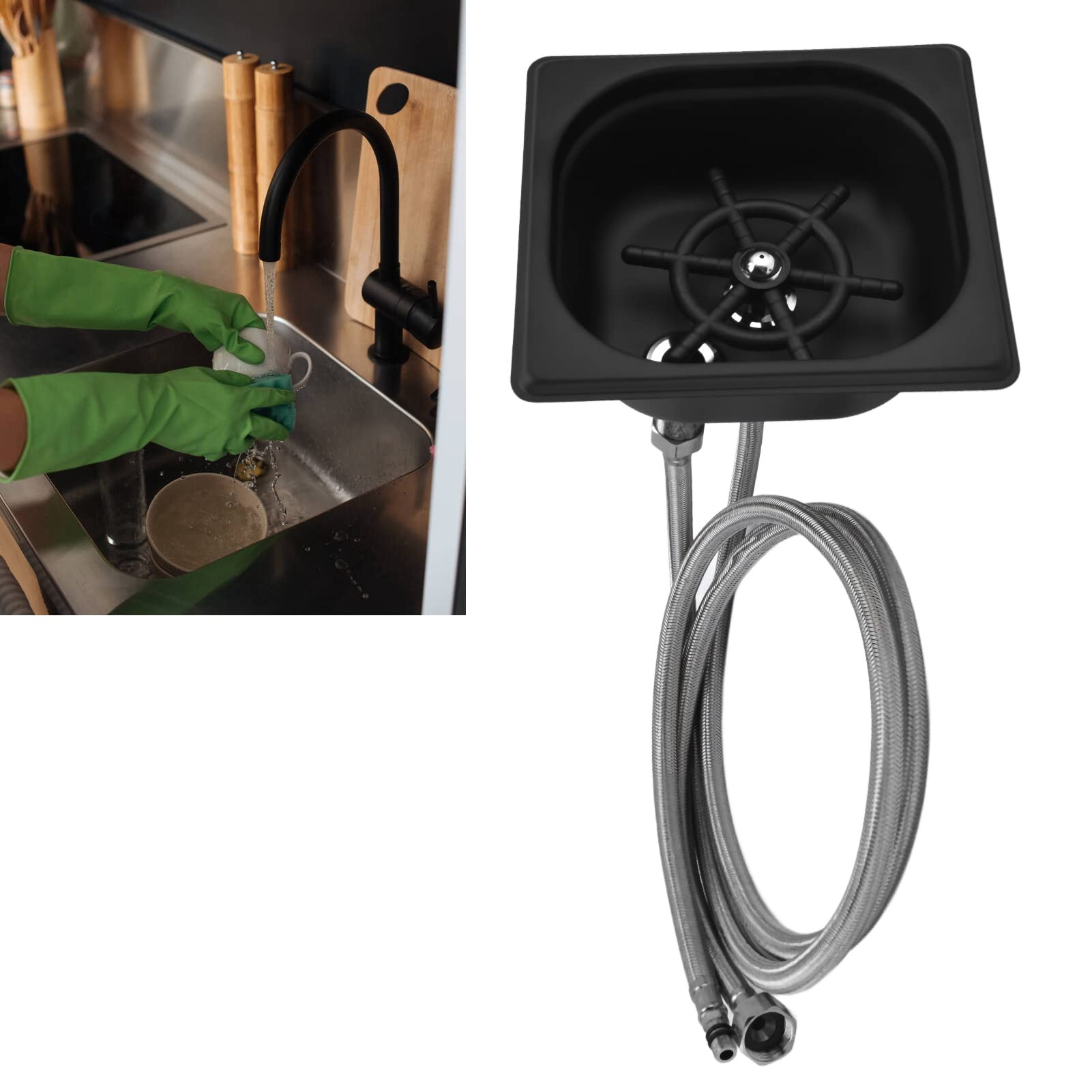 Enjuagavasos, Lavavasos Automático de Alta Presión de Acero Inoxidable Lavavasos Fregadero Lavavasos con 2 Mangueras de Agua para Hogar Bar Restaurante Cafetería Hotel (BLACK)