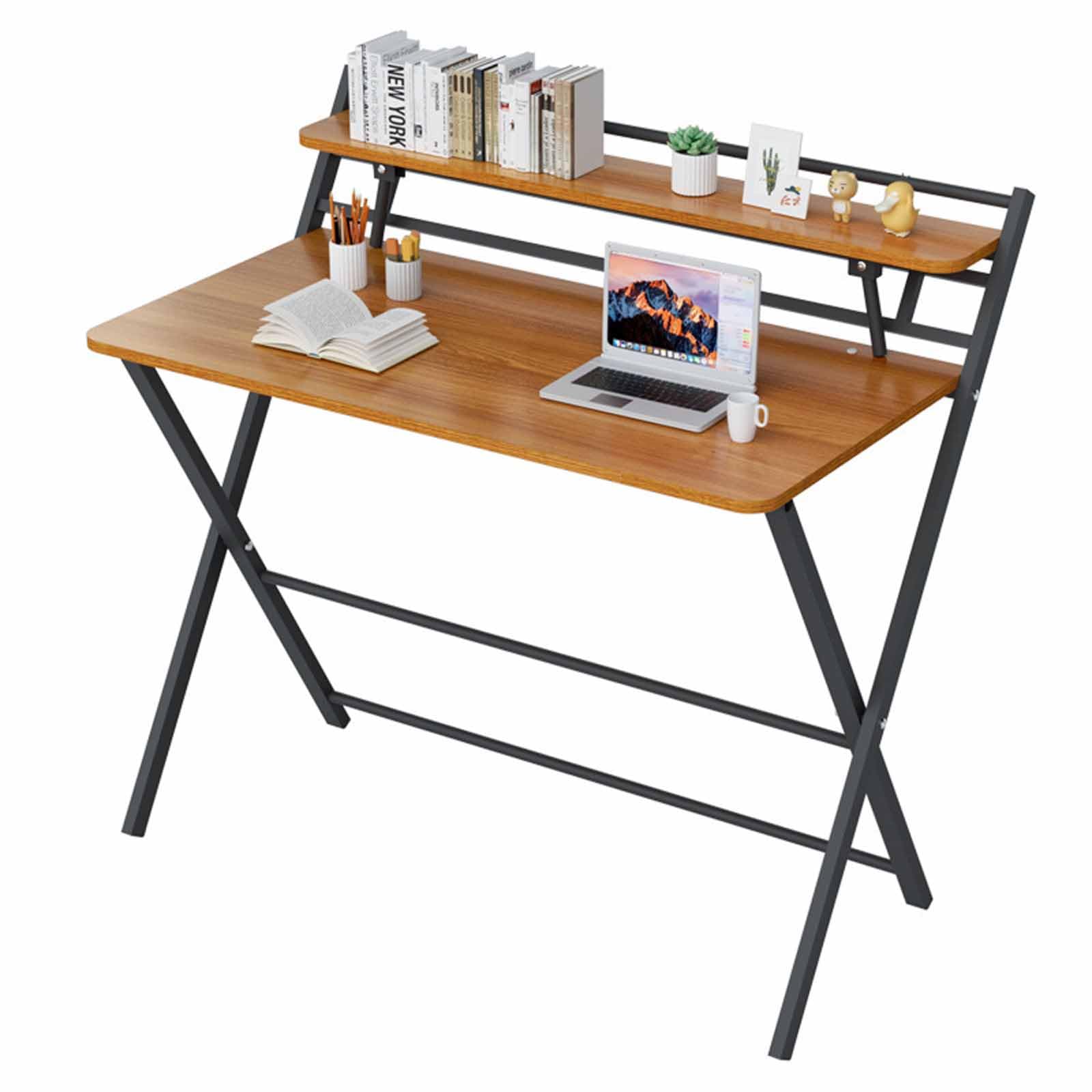 Escritorio Plegable Con Estante De Almacenamiento: Escritorio Compacto De Oficina, Escritorio Ancho Con Partición De 2 Capas, Escritorio De Estudio Portátil De Pie Para Oficina En Casa ,Natural