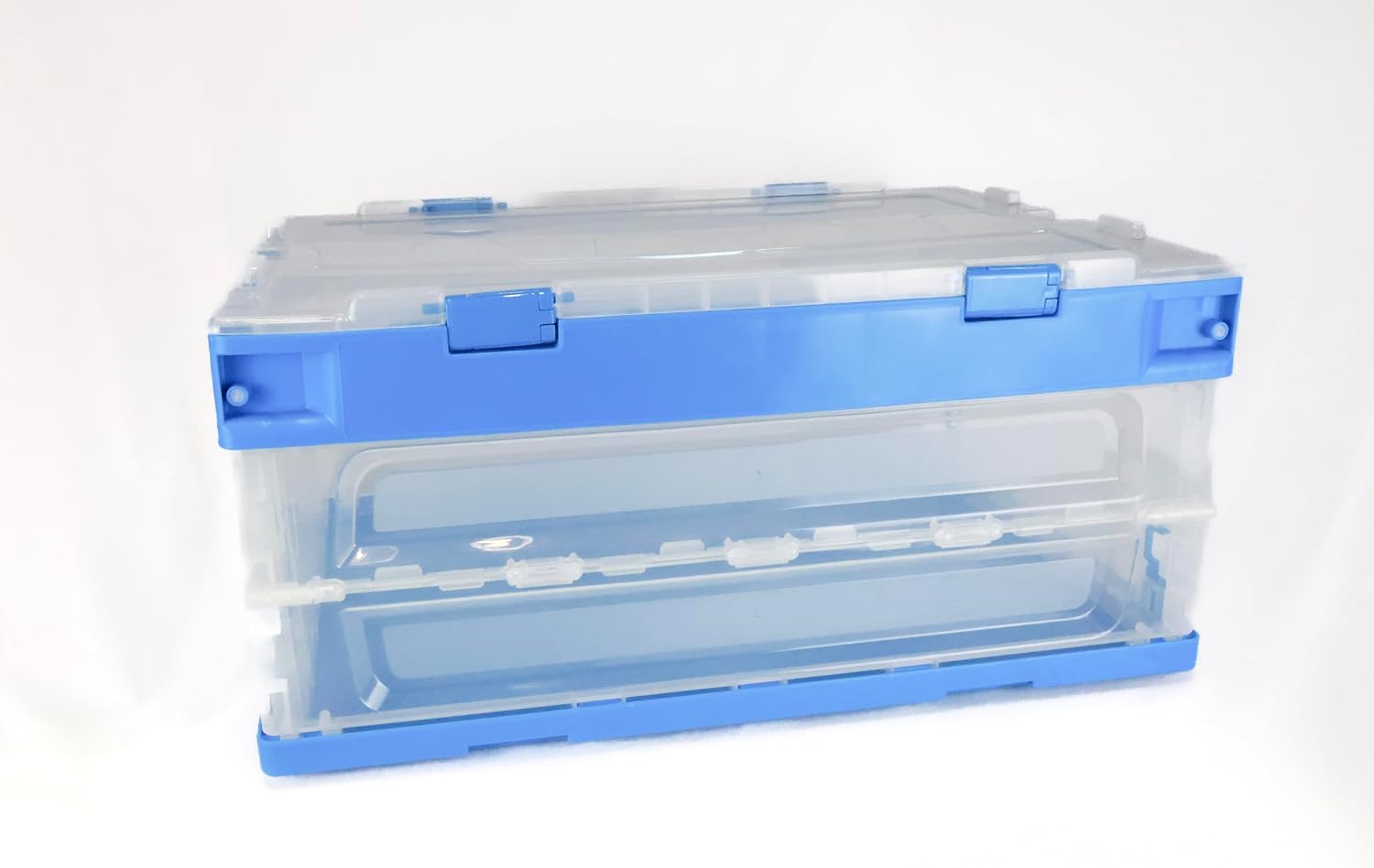 Collapsible Storage Bin with Attached Lid [45 Liter] Folding Crate, Durable Plastic Container, Trunk Storage, Box (23x15x9.5Inches), Clear & Blue. 4PK
