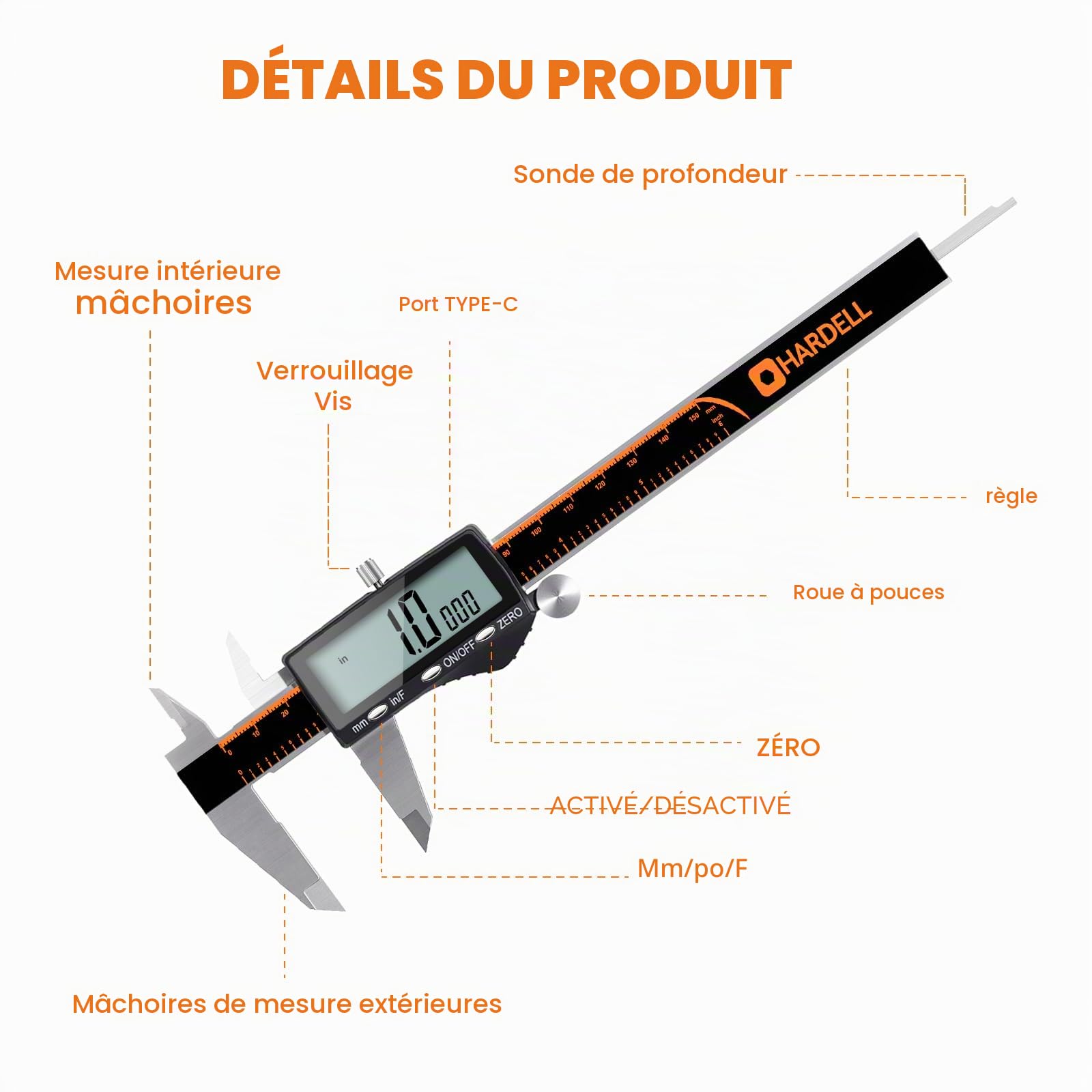 Pied à Coulisse Numérique HARDELL, 150 mm/6" Étanche LCD Rechargeable, Micromètre Acier Inoxydable, Conversion MM/Pouce/Fraction, Arrêt Auto, DIY/Bricolage/Maison/3D