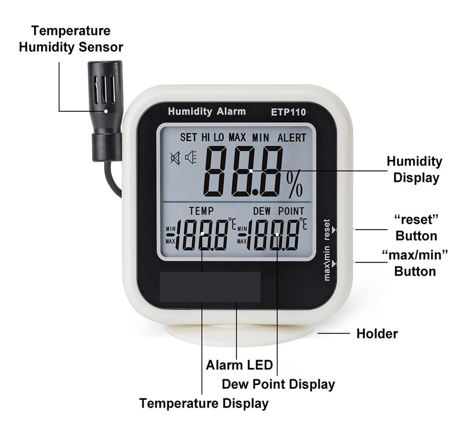 Medidor de temperatura y humedad ETP110, termómetro, higrómetro y monitor de humedad, medidor de punto de rocío for interiores y exteriores.