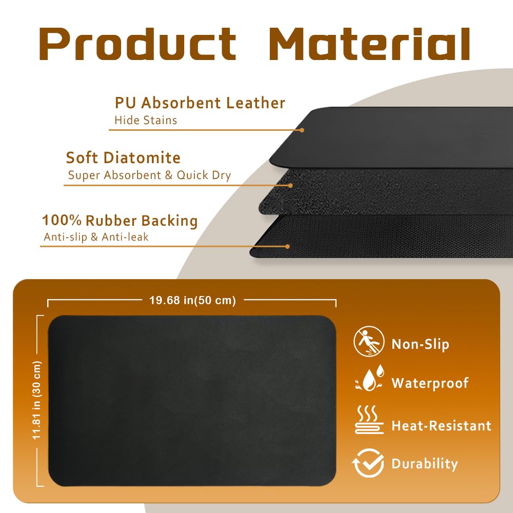 Dish Drying Mat for Kitchen Counter | Coffee Bar Mat for Countertops | Heat Resistant Drainer Mat with Non-Slip Rubber Backed | Hide Stain Kitchen Absorbent Draining Mat | Black, 12