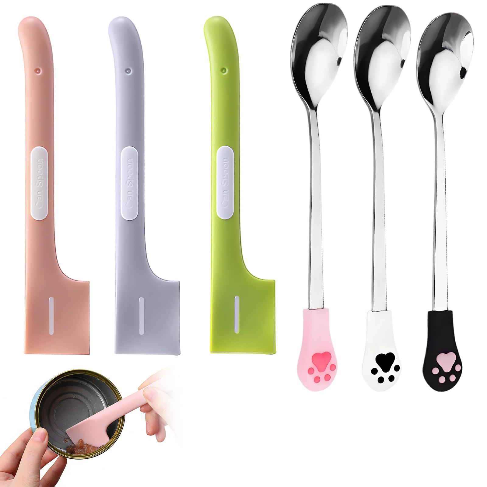 Alriedy 6PCS Cat Spoon and Pet Food Scoop Set, 3 Stainless Steel Cat Claw Spoons and 3 Long Handle Silicone Scoops, Cute Canning Spoon for Wet Dry Dog Cat Food Kitchen Tools