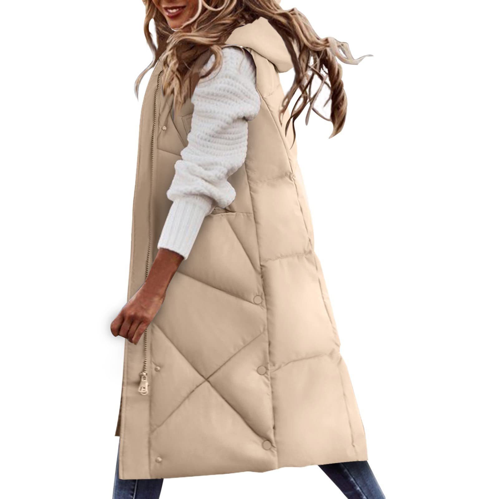Damen Lang Daunenweste - Lange Jacke Weste ärmellose Daunenwestet Mit Kapuze Weste Mantel Winter Warmer Daunenmantel Taschen Steppweste Damen Zip Daunenjacke Steppjacke Kapuzenweste Steppweste