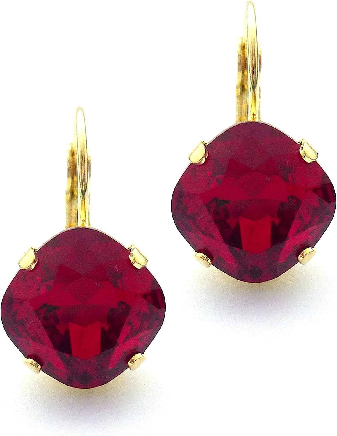 Brilliant Austrian Crystal Earrings, Siam Red, 12mm Cushion Cut, Square True Red Earrings, Drops or Studs, Large Stone Assorted Finishes