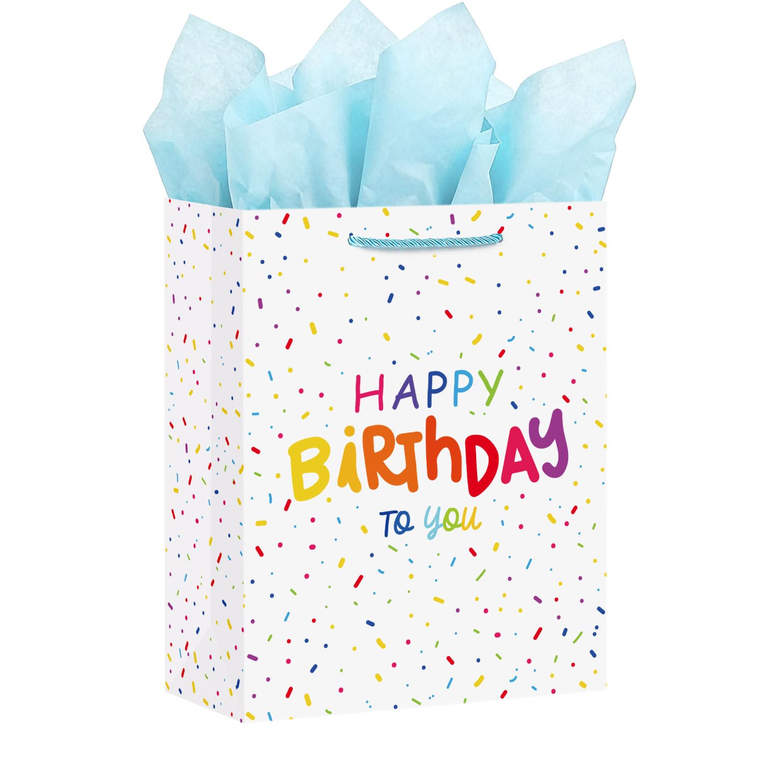 Ssyuysto Birthday Gift Bag 33cm Confetti Happy Birthday Gift Bags with Tissue Paper Gift Tag Party Gift Bag with Blue Rope Handles for Women Men Teens Kids HBD Present Wrapping