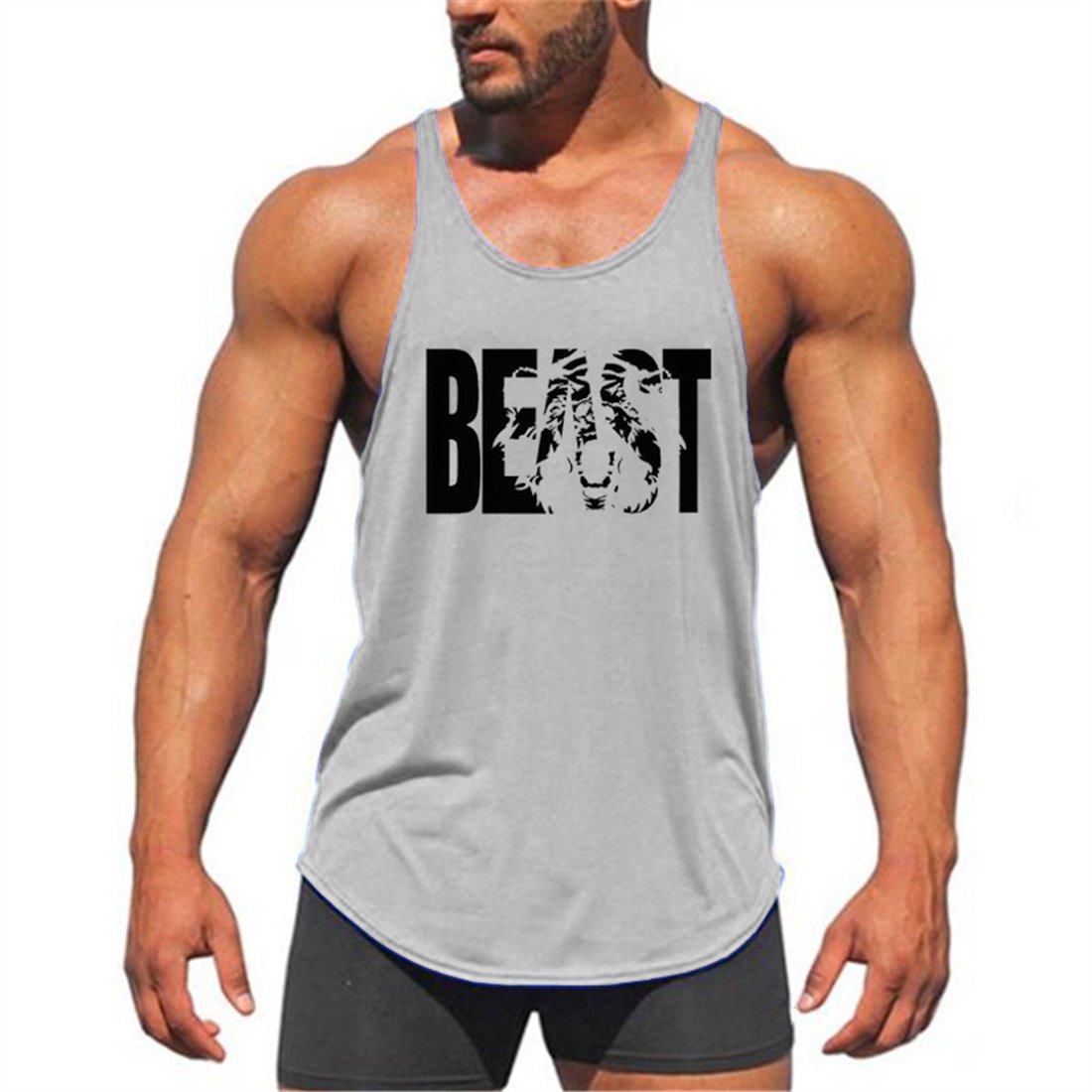 YeeHooMen's Print Beast Y-Back Cotton Gym Stringer Vest Tank Top Stringer Workout Bodybuilding Fitness