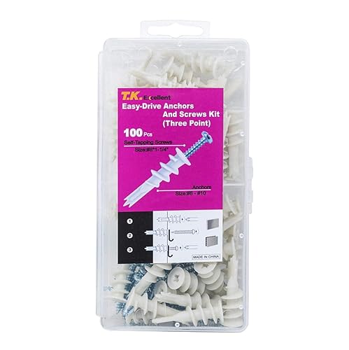 DIYTK Fijaciones de cartón yeso de nailon autoperforantes con kit de tornillos 100 piezas