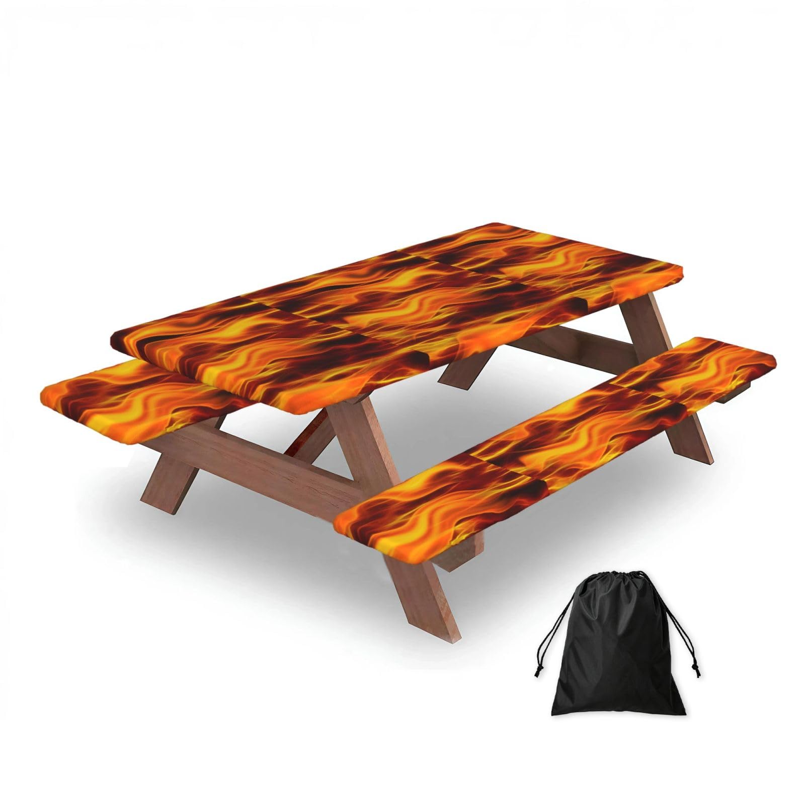 Dopklna As Picture Fire, Picnic Table Cover With Bench Covers -Waterproof Elastic Fitted Tablecloth For Garden Camping Patio 76X152cm