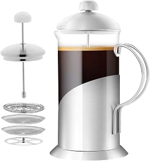 OVENTE 34oz French Press Coffee Maker with 4 Filters System, Silver FSL34S | Durable and Heat-Resistant Borosilicate Glass Cafetiere, Stainless Steel Brewed Tea Pot Plunger for Travel, Camping or Gift
