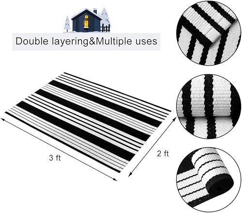Miniatura 2 de OJIA Alfombra de algodón a rayas blancas y negras de 2 x 4 pulgadas, tejida a mano para interiores y exteriores, alfombra de puerta en capas para