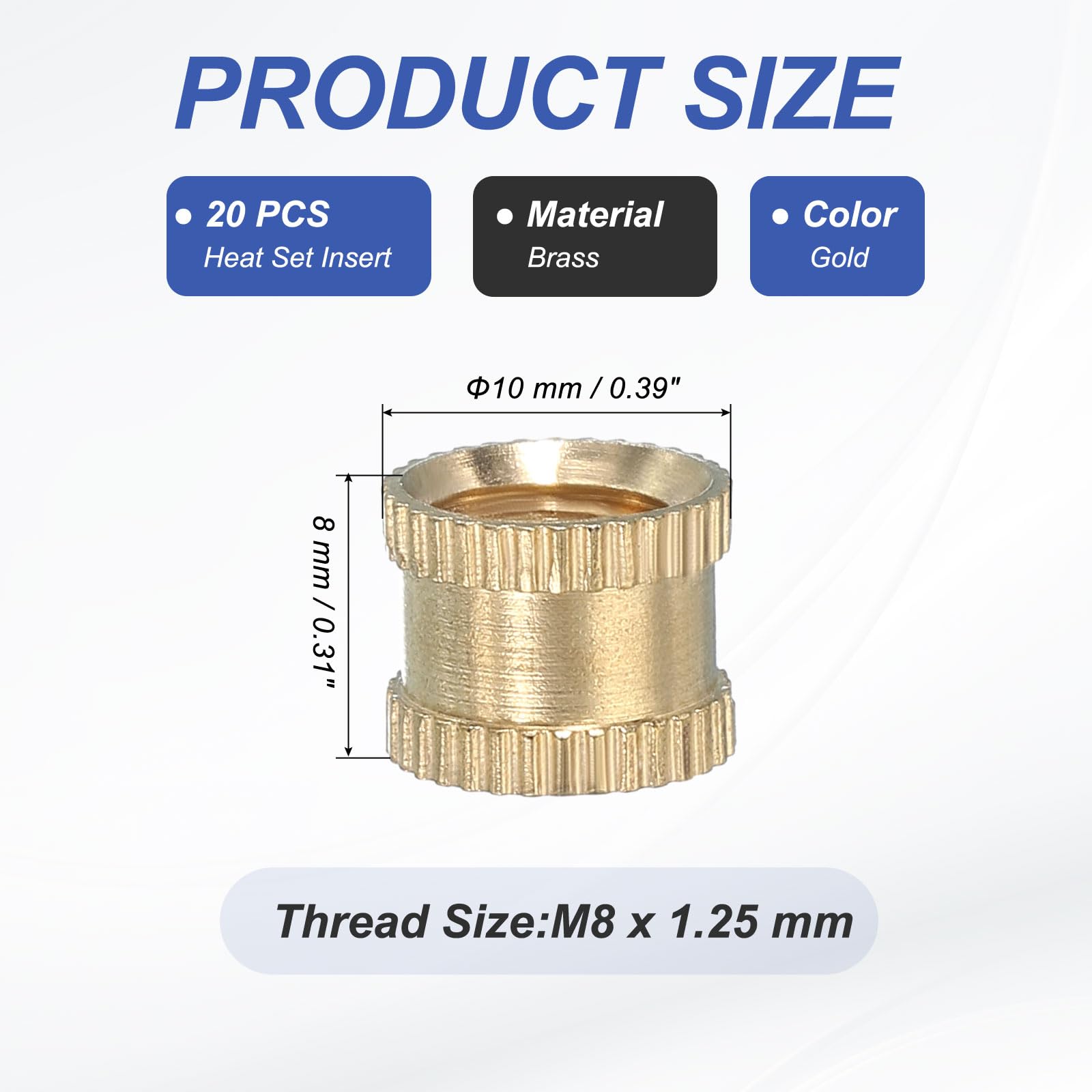 PATIKIL M8 Threaded Inserts, 20 Pcs Female Metric Brass Knurled Nuts Heat Set Insert for Plastic 3D Printing Components (M8x8x10mm) - Image 2