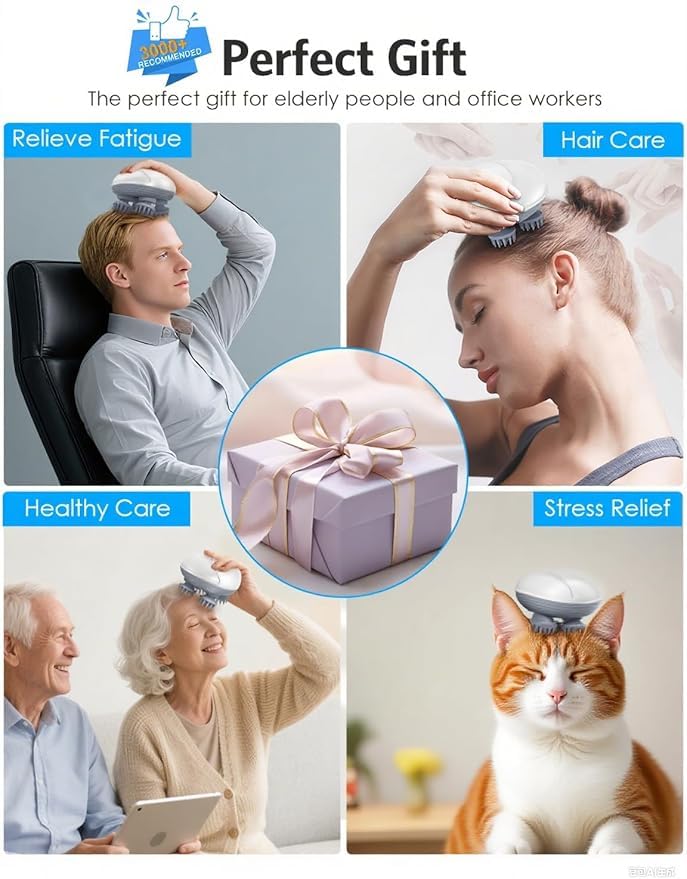 Image of Electric Scalp Massager, Electric Scalp Massager for Men Women, Handheld Cat Dog Pet Head Massager with 4 Massage Heads, 3 Speeds, Waterproof Massager for Soothing Muscles Joints, Hair Growth, Stress Relief