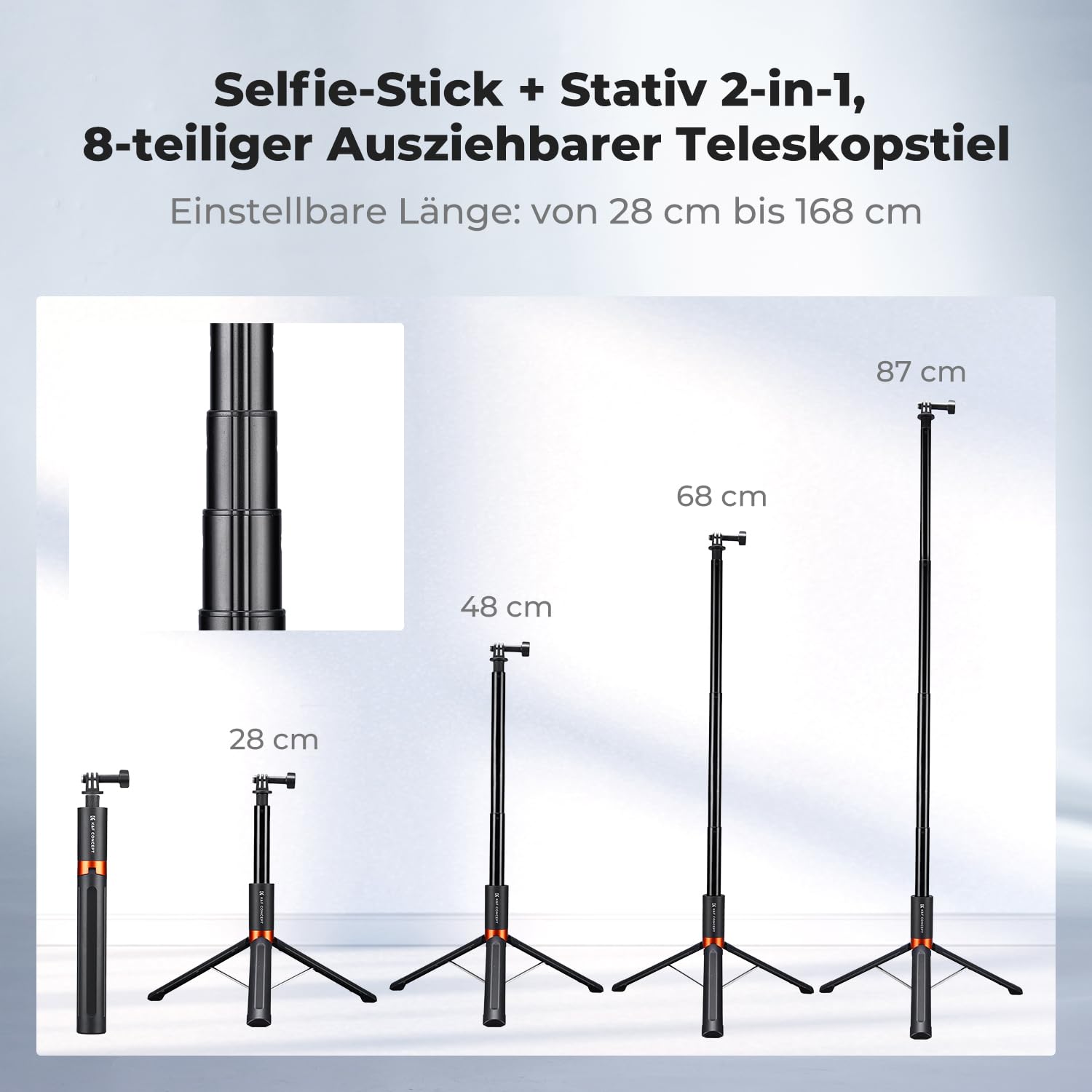 K&F CONCEPT 168 cm Selfie-Stick für Actionkamera, 2-in-1 Selfie Stick Stativ, Unsichtbarer Selfiestick für Insta360 X5/X4/X4 Air/Ace Pro, Insta360 Luna Ultra, Osmo Pocket 4/3, Osmo Action 5 Pro/6/4