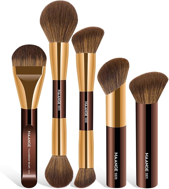 MAANGE Kit com 5 Pincéis de Maquiagem de Pontas Duplas Coffee Gold