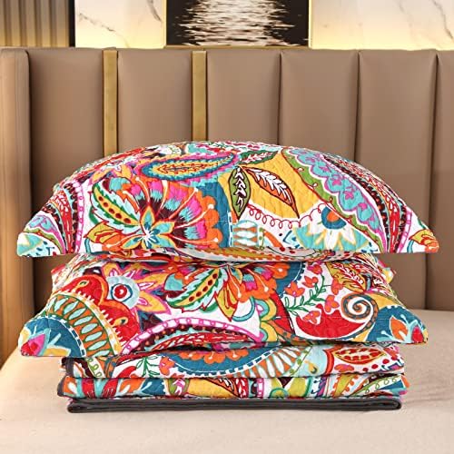 Qucover Quilted Bedspreads Quilt Set 230x250 cm 3PCs Soft Cotton Orange Floral Paisley Pattern King Size Bedspread, Gorgeous Summer Bedspread and Comforter with 2 Pillowcases for All Seasons