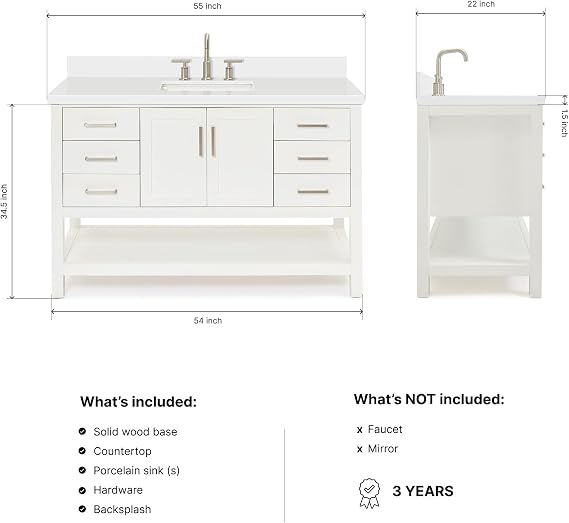 DKB Olivia 54-Inch White Bathroom Vanity, 1.5-Inch Pure White Quartz Countertop & Backsplash, Rectangular Sink, 2 Soft Closing Doors, 6 Full Extension Dovetail Drawers, Open Shelf, Brushed Nickel