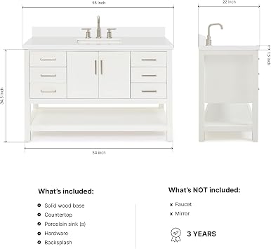 DKB Olivia 54-Inch White Bathroom Vanity, 1.5-Inch Pure White Quartz Countertop & Backsplash, Rectangular Sink, 2 Soft Closing Doors, 6 Full Extension Dovetail Drawers, Open Shelf, Brushed Nickel