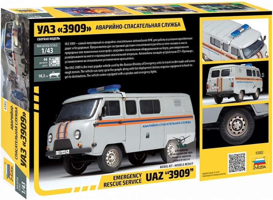 Zvezda 43002 500043002-1 500043002 – 1:43 UAZ 3909 Emergency Service – Plastic Construction Model Assembly Kit – for Beginners – Detailed, Unvarnished