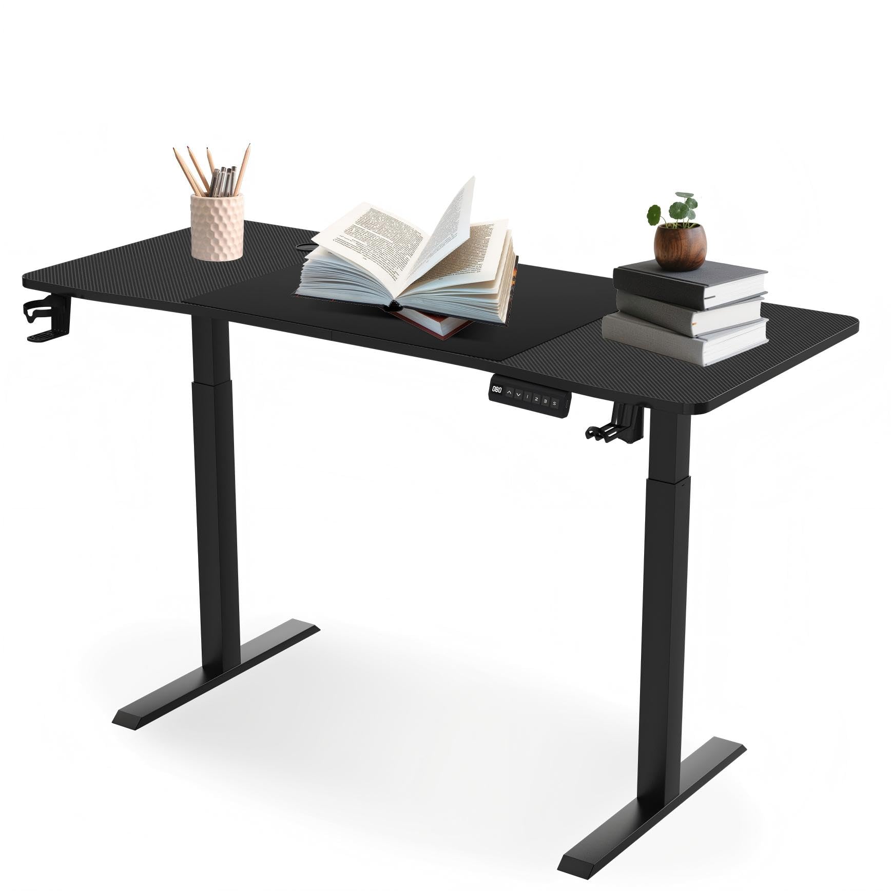 XMTECH Escritorio eléctrico de altura regulable 160 × 60 cm, escritorio para ordenador, 3 funciones de memoria, superficie de fibra de carbono, tipo C, gestión de cables, gancho para auriculares y