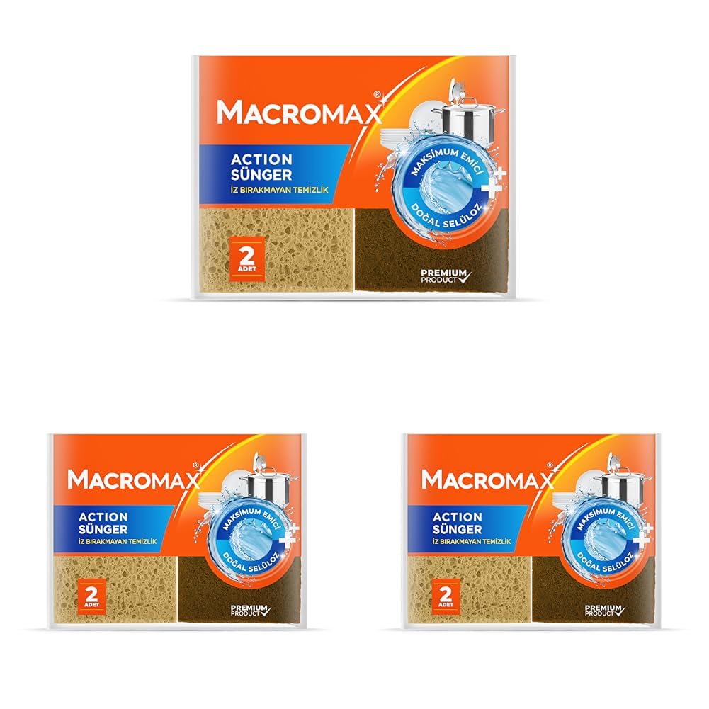 Macromax Action Sünger 6'li Paket, Doğal Selülozlu Maksimum Emici İz Bırakmaz Bulaşık Süngeri