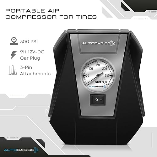 Miniatura 2 de Compresor de aire automático portátil para inflador de neumáticos, bomba de aire de 300 PSI con manómetro integrado y enchufe de automóvil de 12